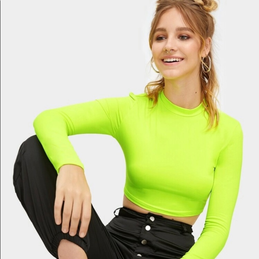 Neon green Longsleeved Fitted mock neck shirt